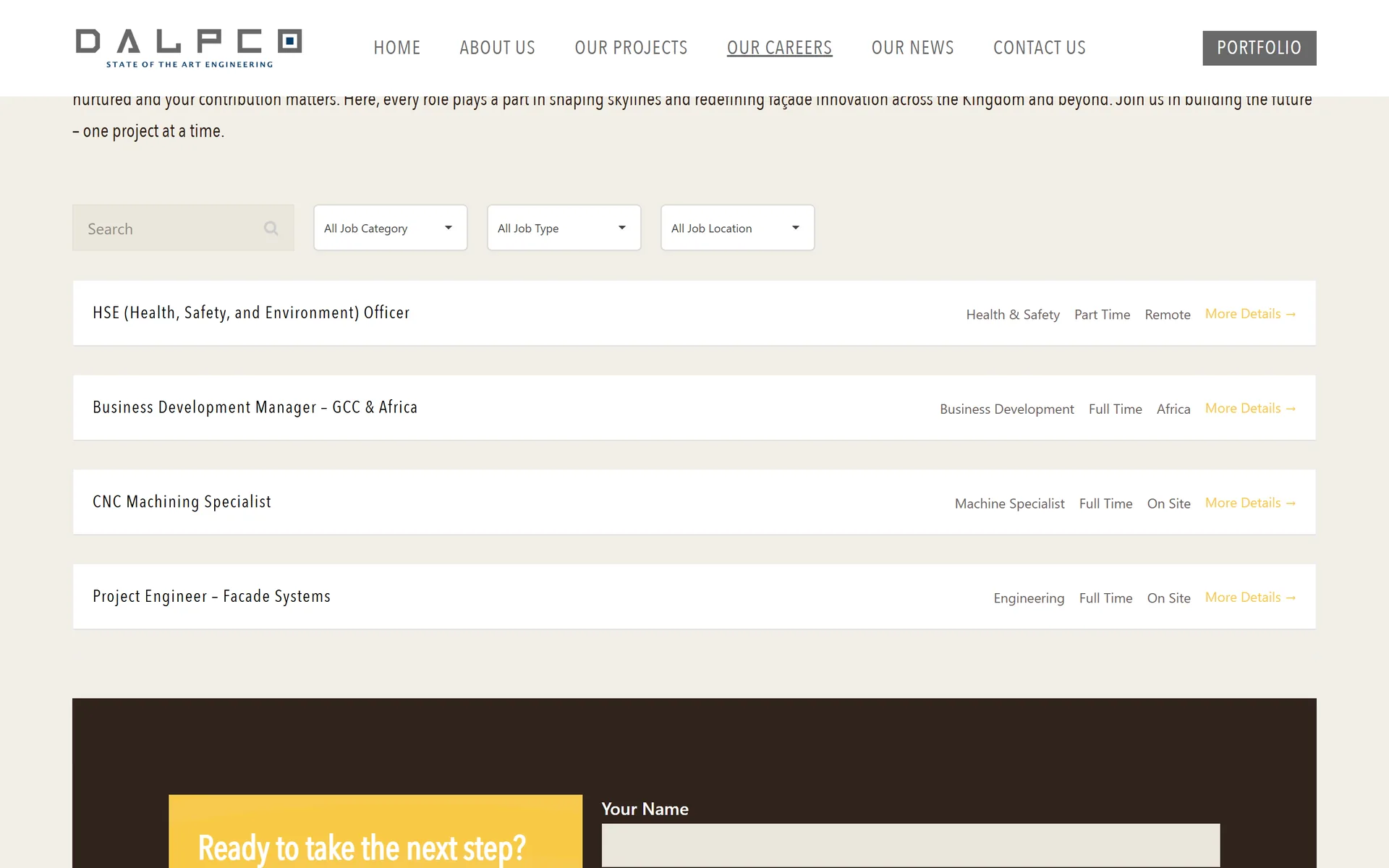 DALPCO careers portal with job filters