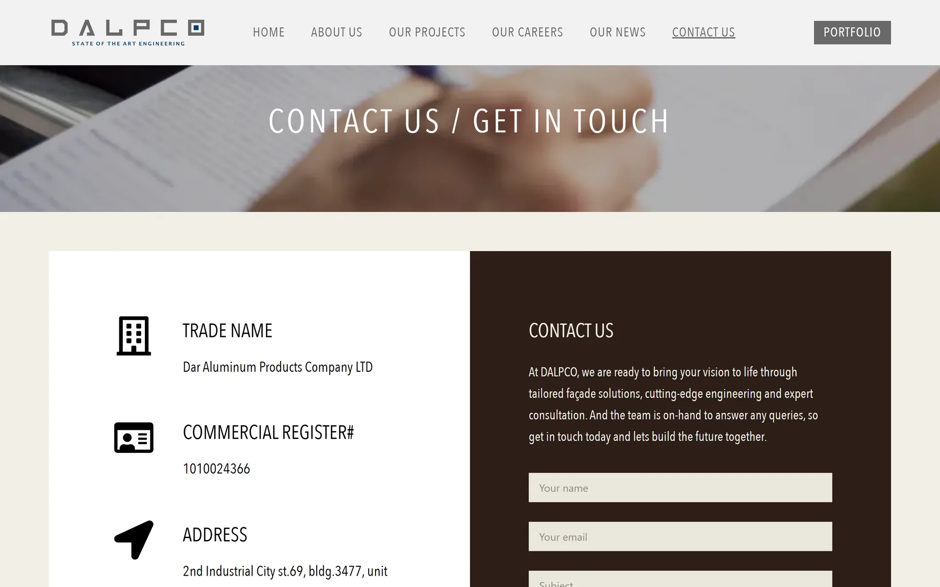 DALPCO contact page with company details and form