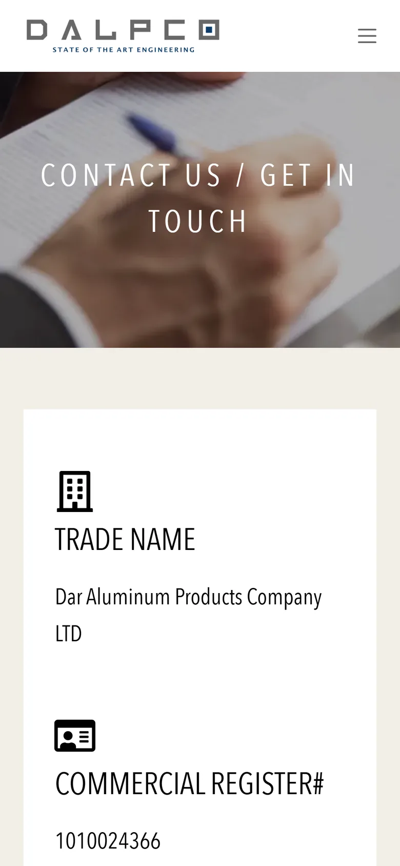 DALPCO contact page on mobile