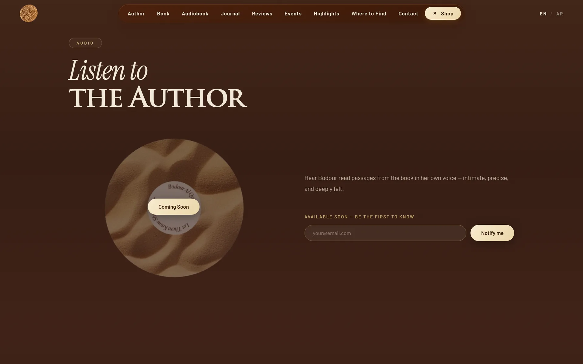 Vinyl-style audiobook section with notify-me sign-up