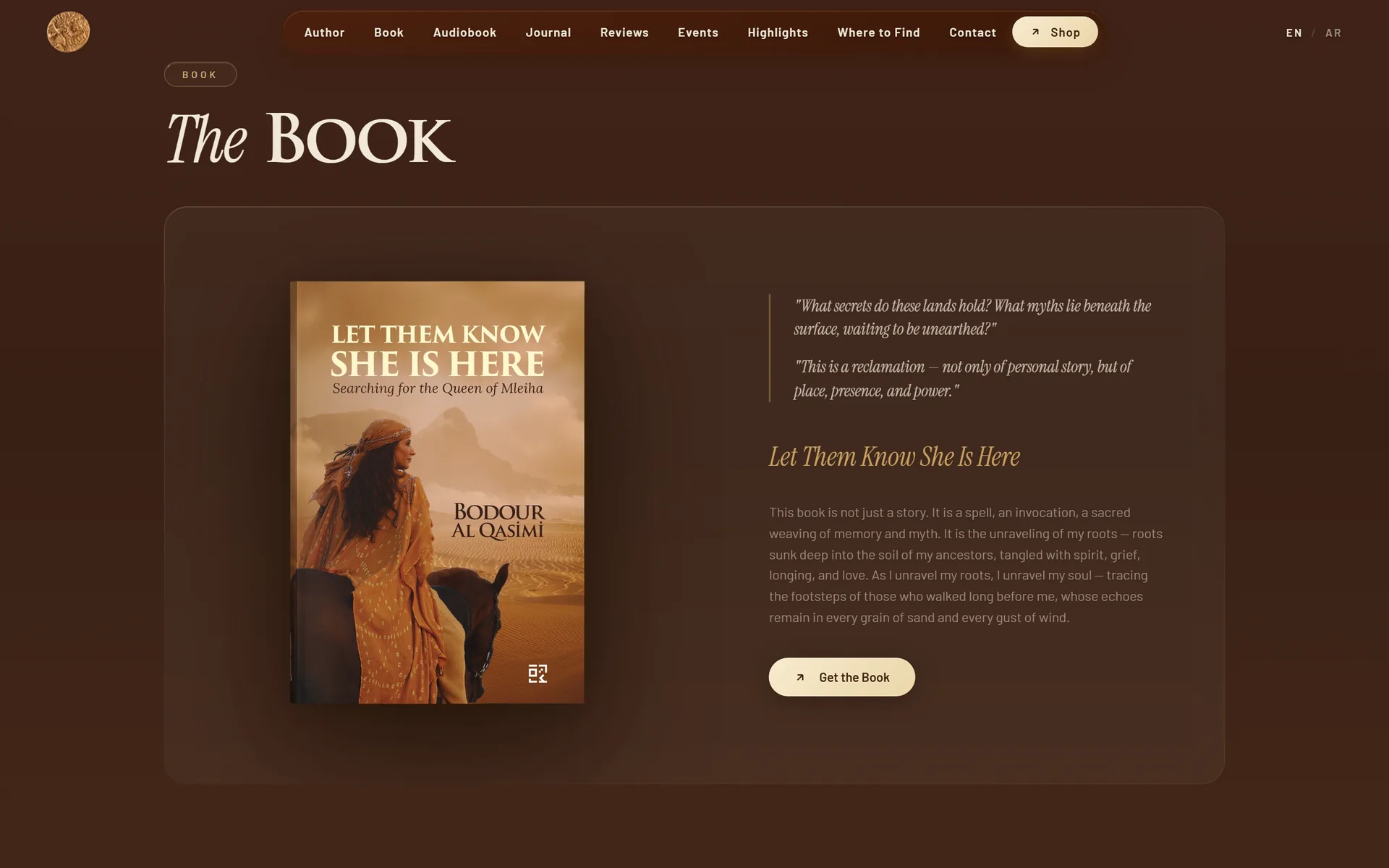 The Book section with cover and excerpt