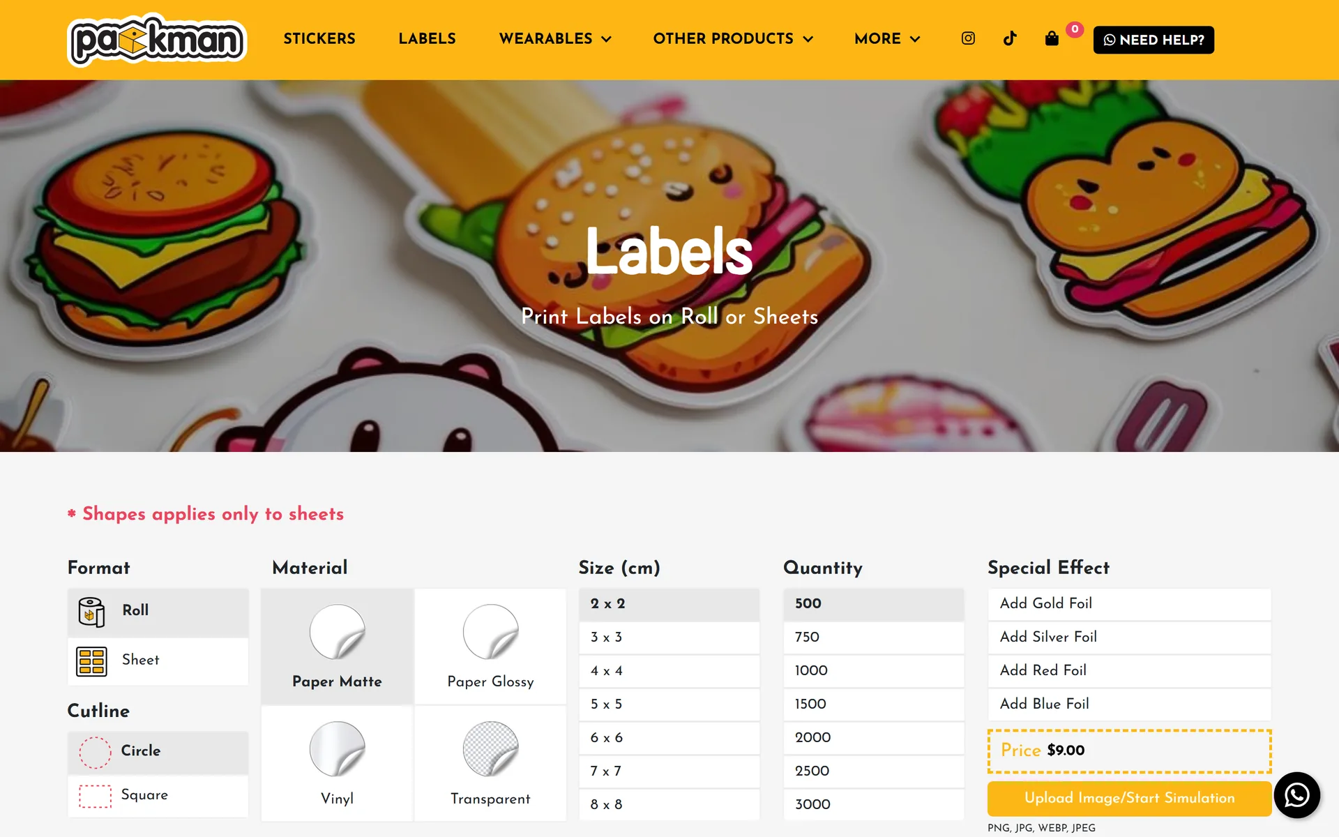 Packman label configurator with formats and foil effects