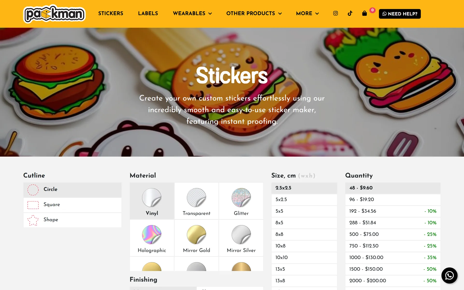 Packman sticker builder with cutline, material, size and quantity