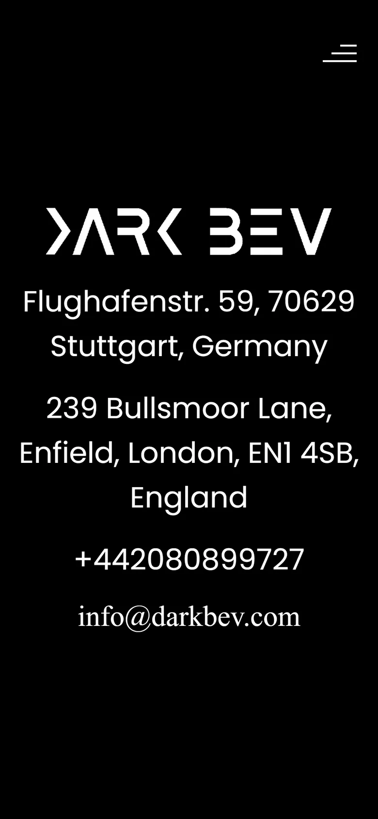 Dark Bev contact page on mobile