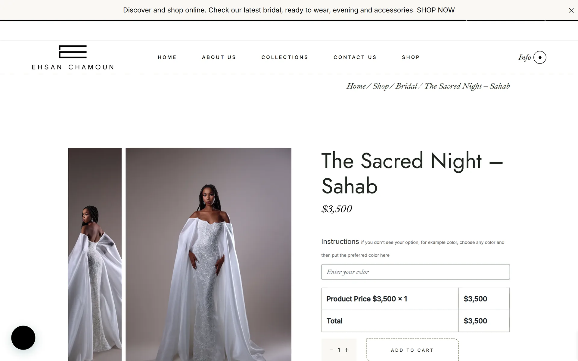 Ehsan Chamoun product page for a bridal gown