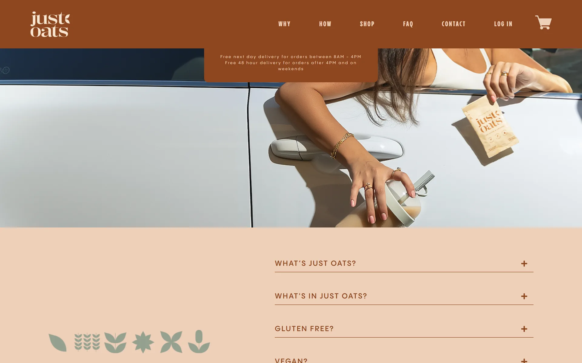 Just Oats delivery banner and FAQ