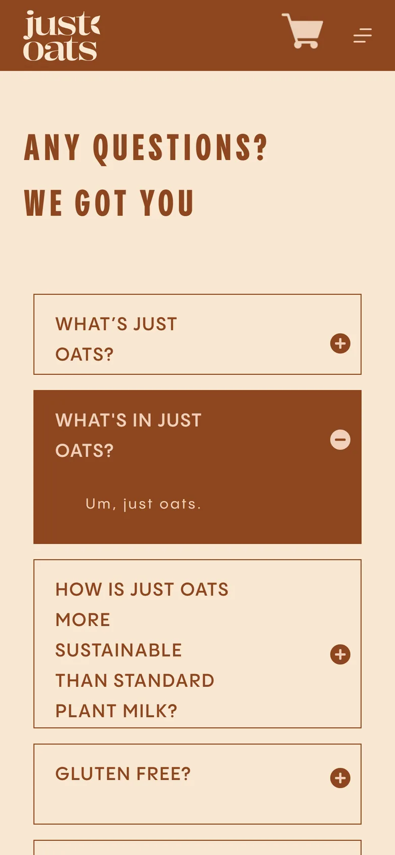 Just Oats FAQ on mobile