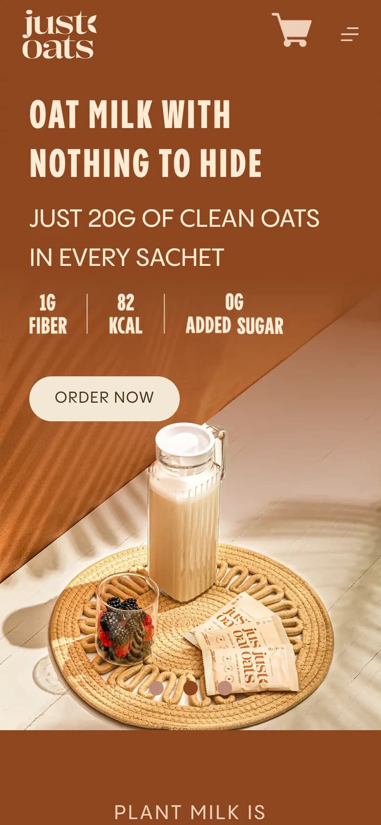 Just Oats home page on mobile