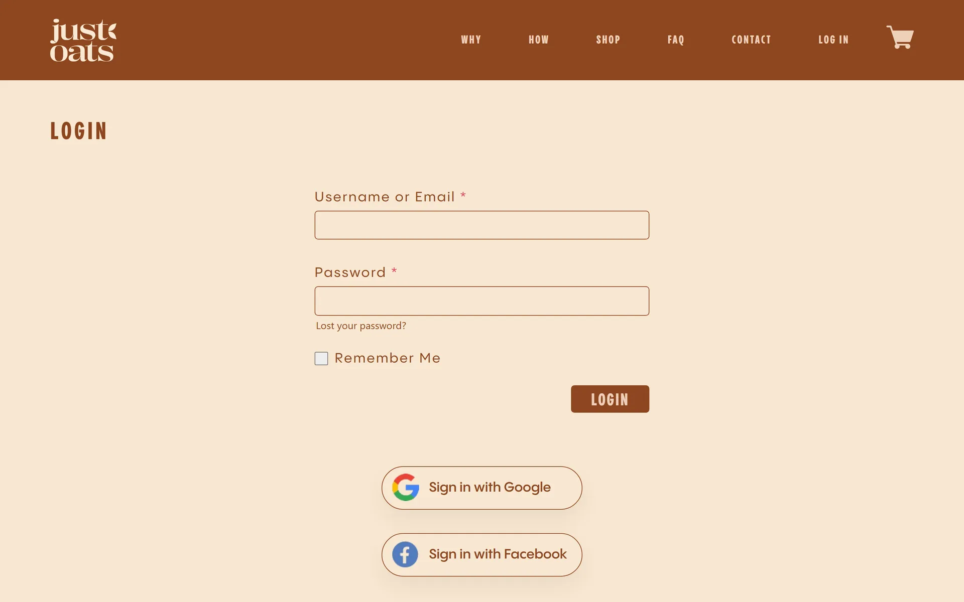 Just Oats login with Google and Facebook sign-in