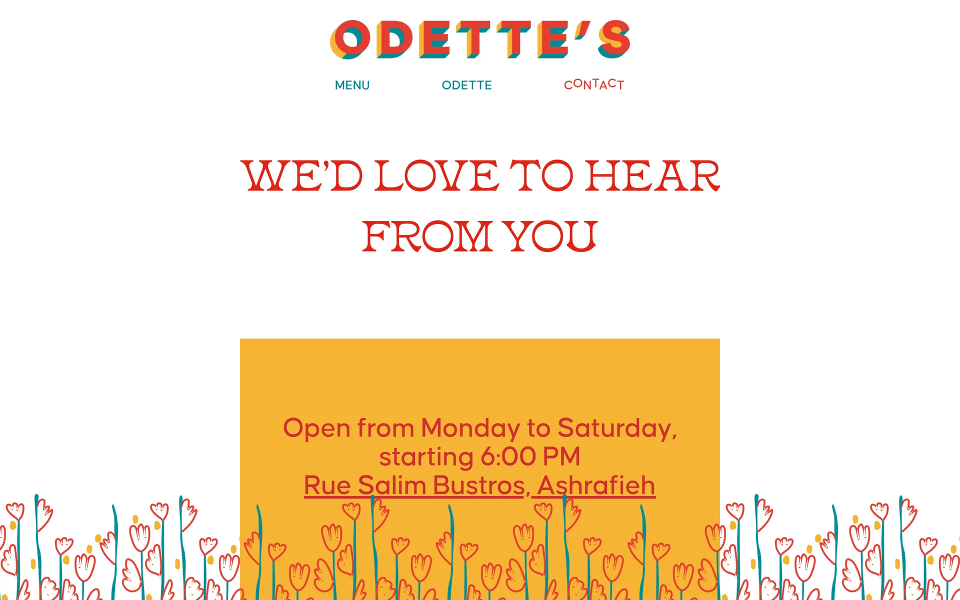 Odette's contact page with opening hours and reservations
