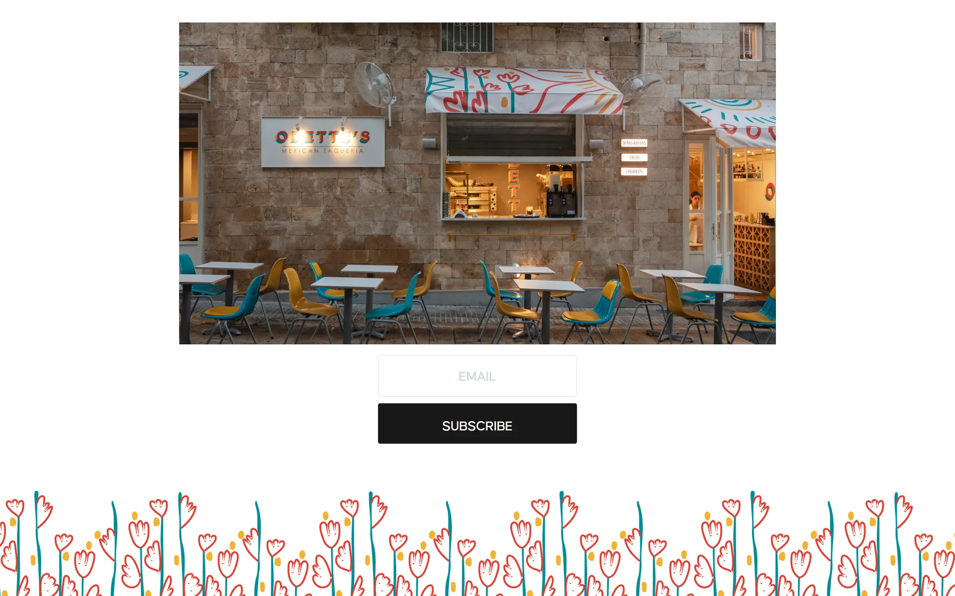 Odette's home page with the restaurant terrace and newsletter sign-up