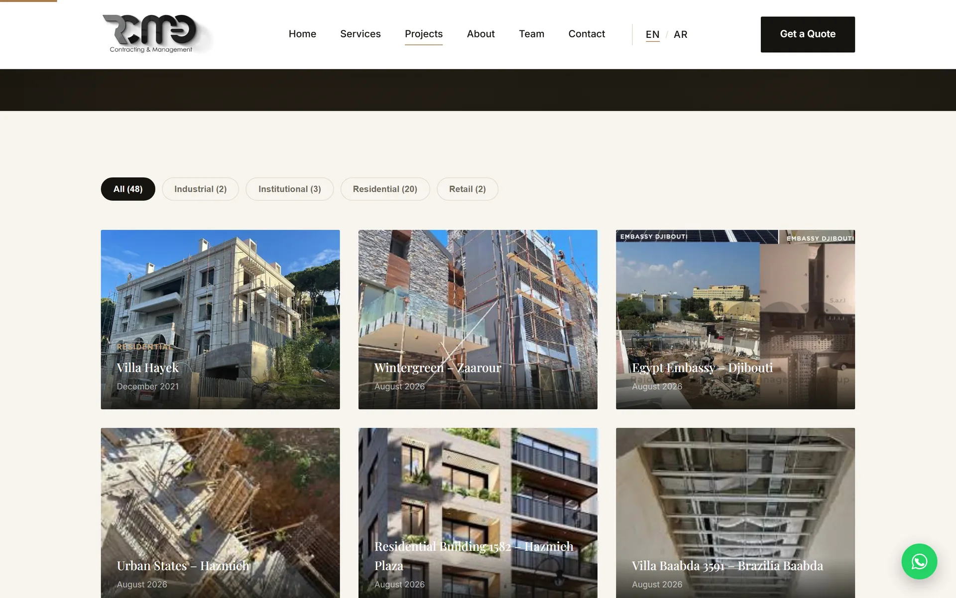 RCMG projects page with sector filters