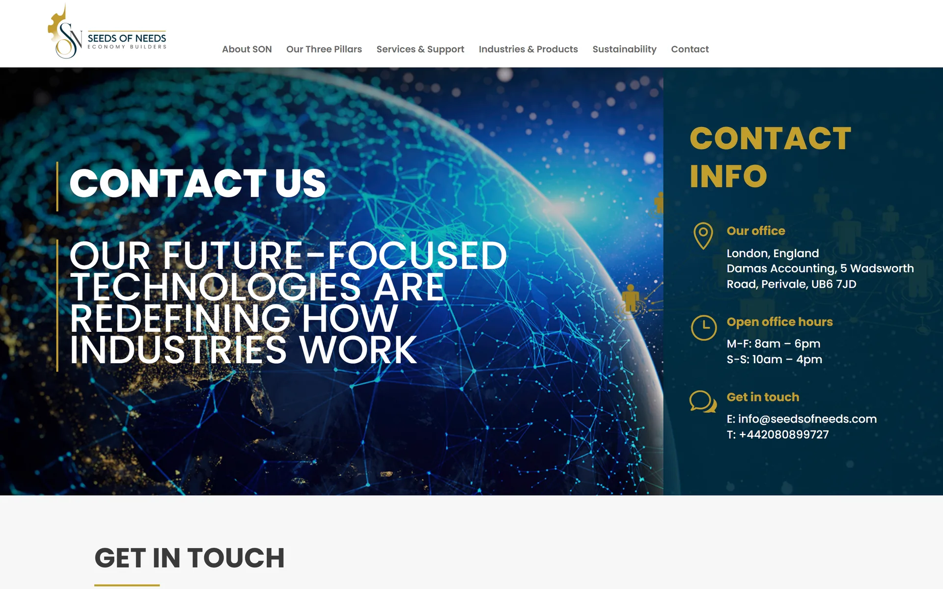 Seeds of Needs contact page with London office details