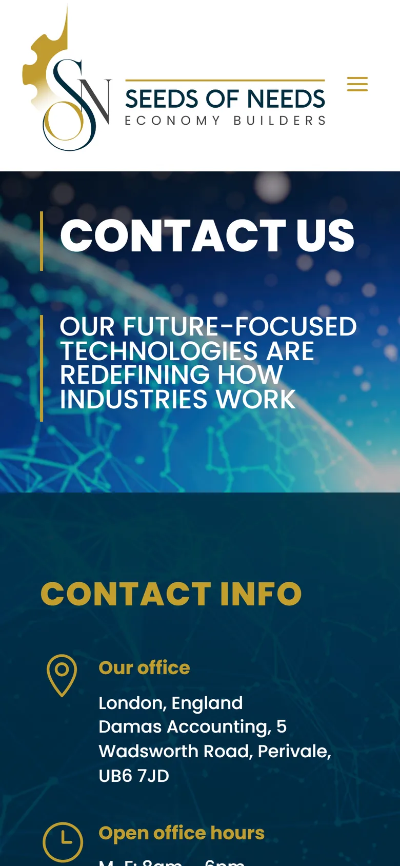 Seeds of Needs contact page on mobile