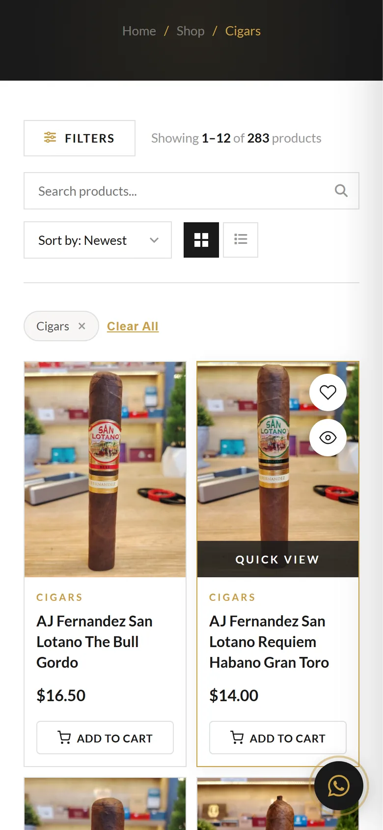 SmokingLB shop with filters on mobile