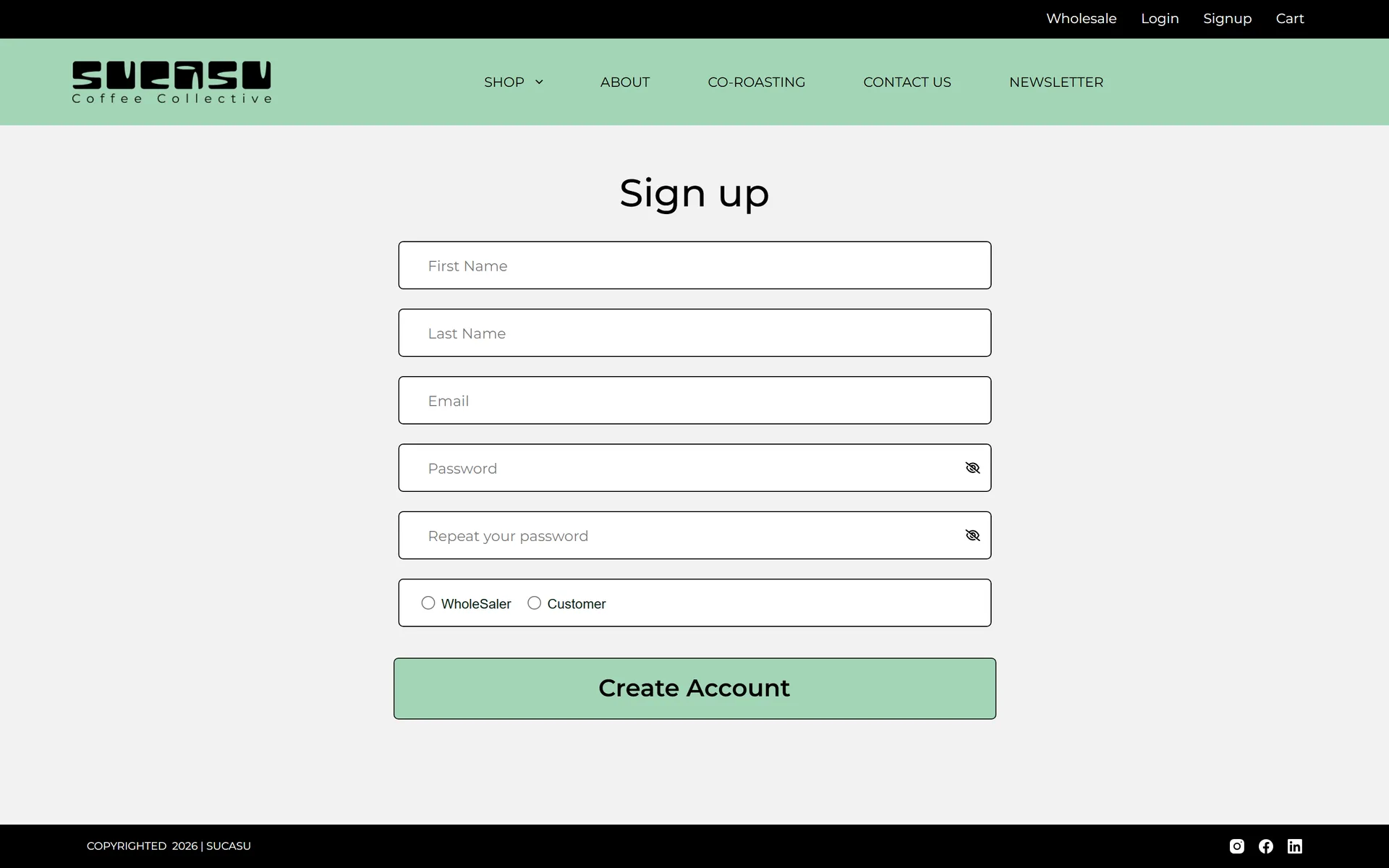 Sucasu wholesale and customer sign-up form