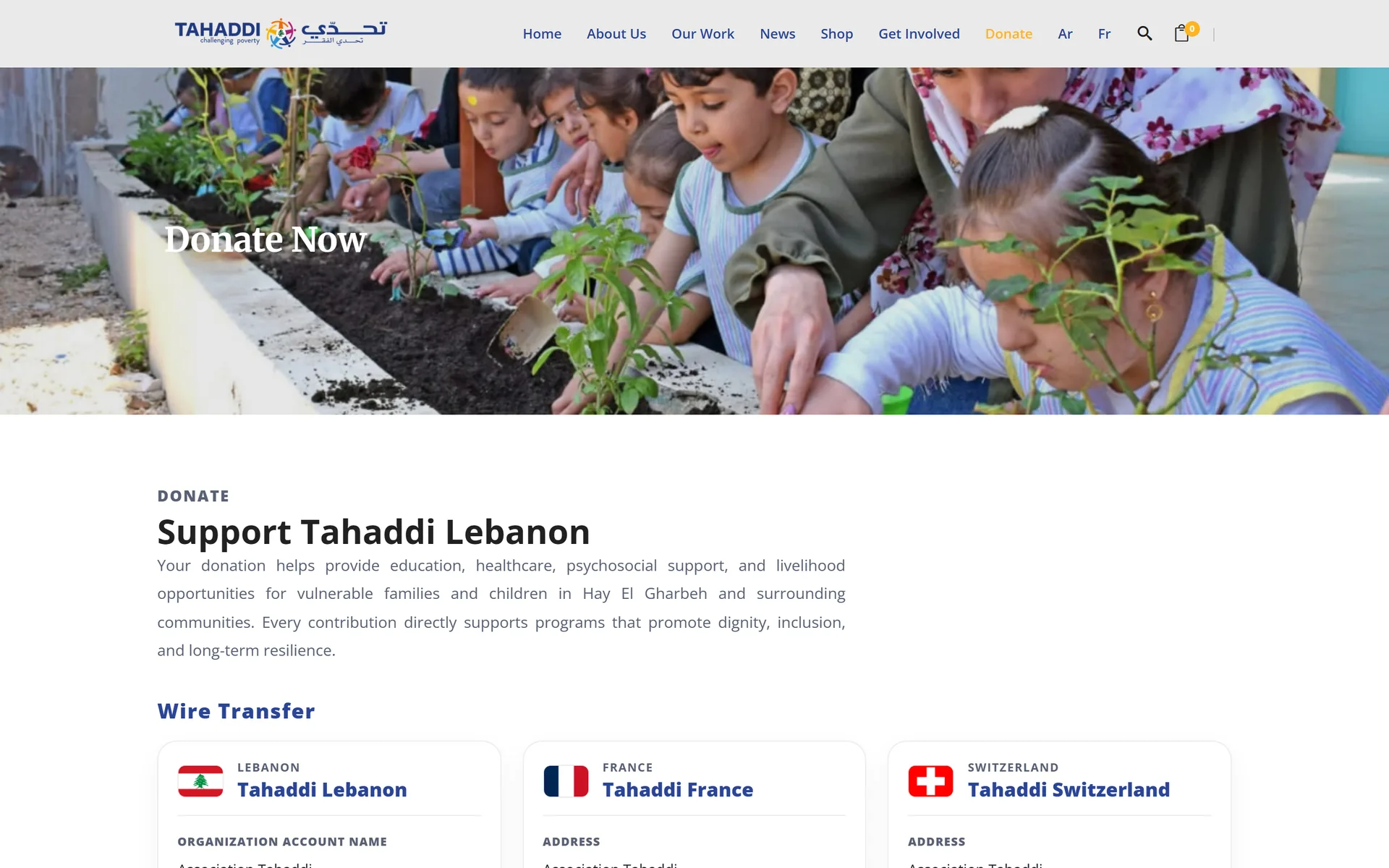 Tahaddi donate page with bank details for Lebanon, France and Switzerland