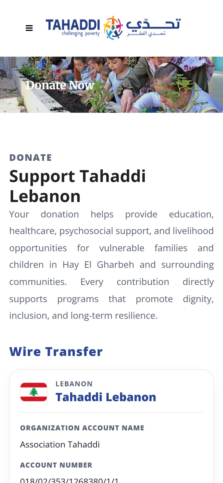 Tahaddi donate page on mobile