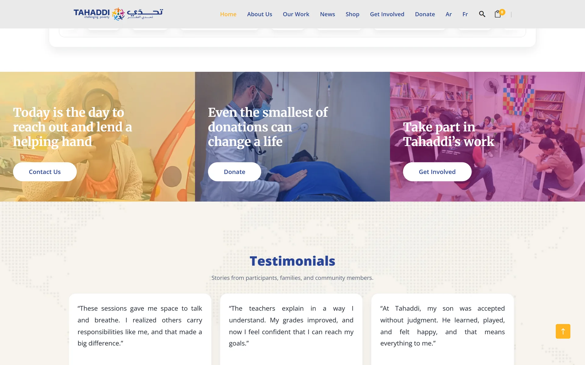 Tahaddi donation calls to action and testimonials