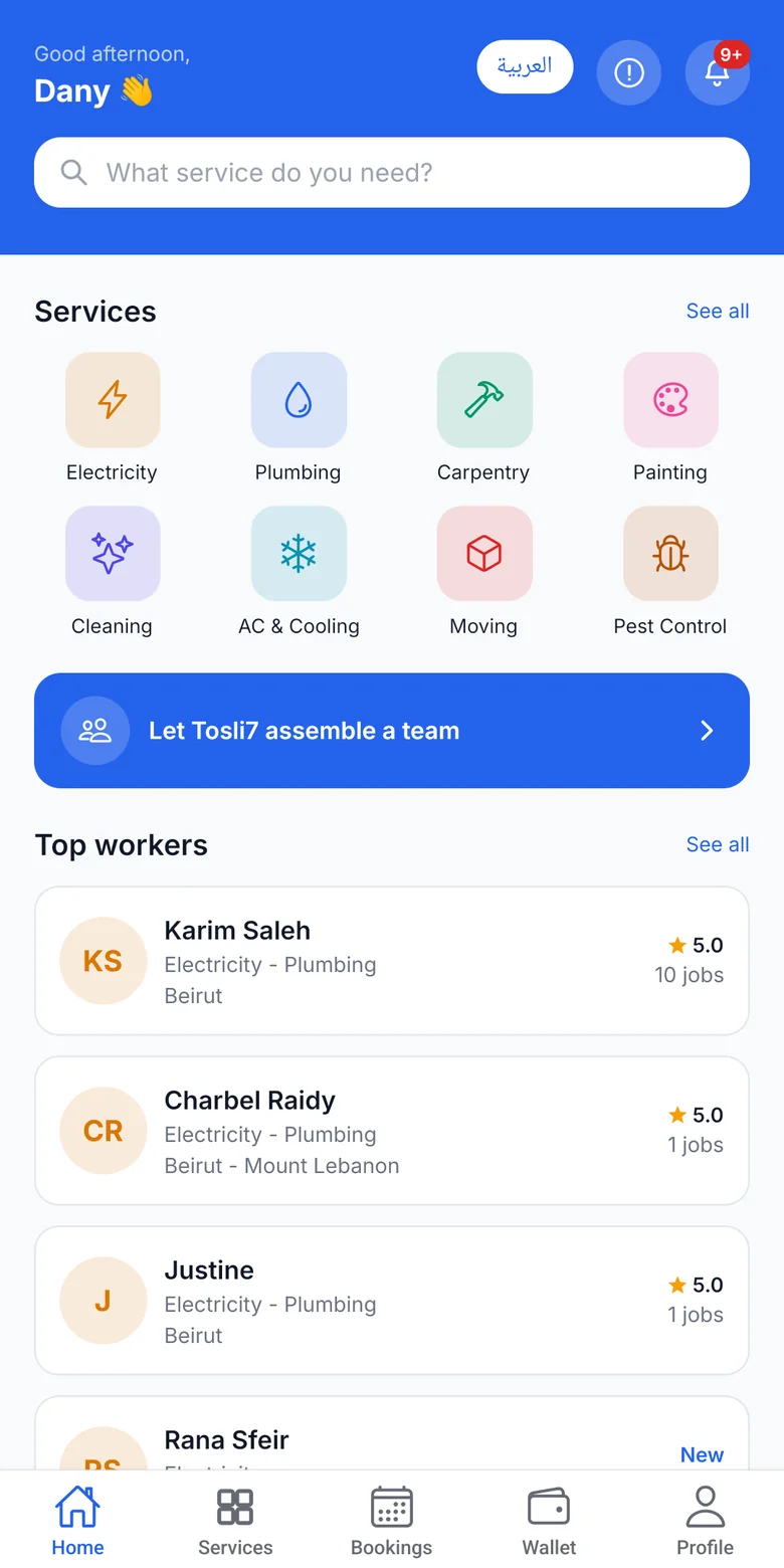Tosli7 app home with services and top workers