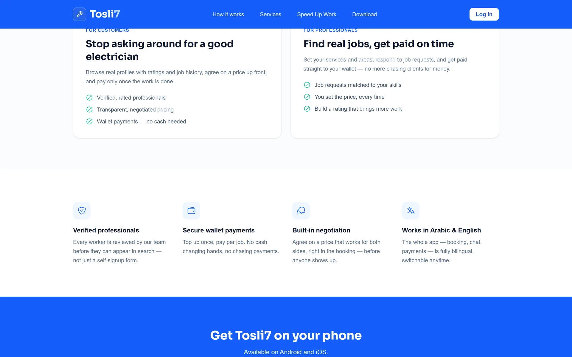 Tosli7 website sections for customers and professionals