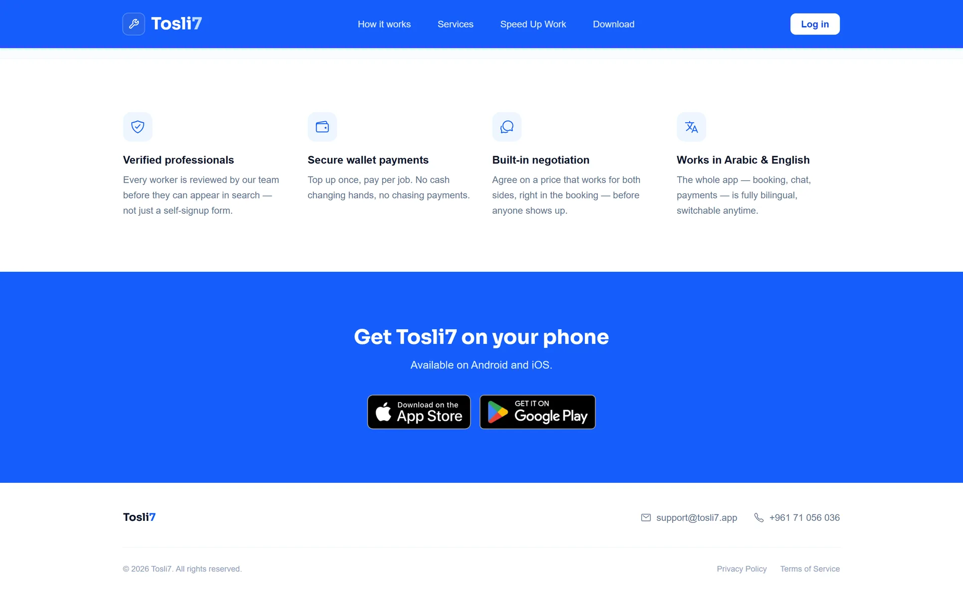 Tosli7 website features and app store download section