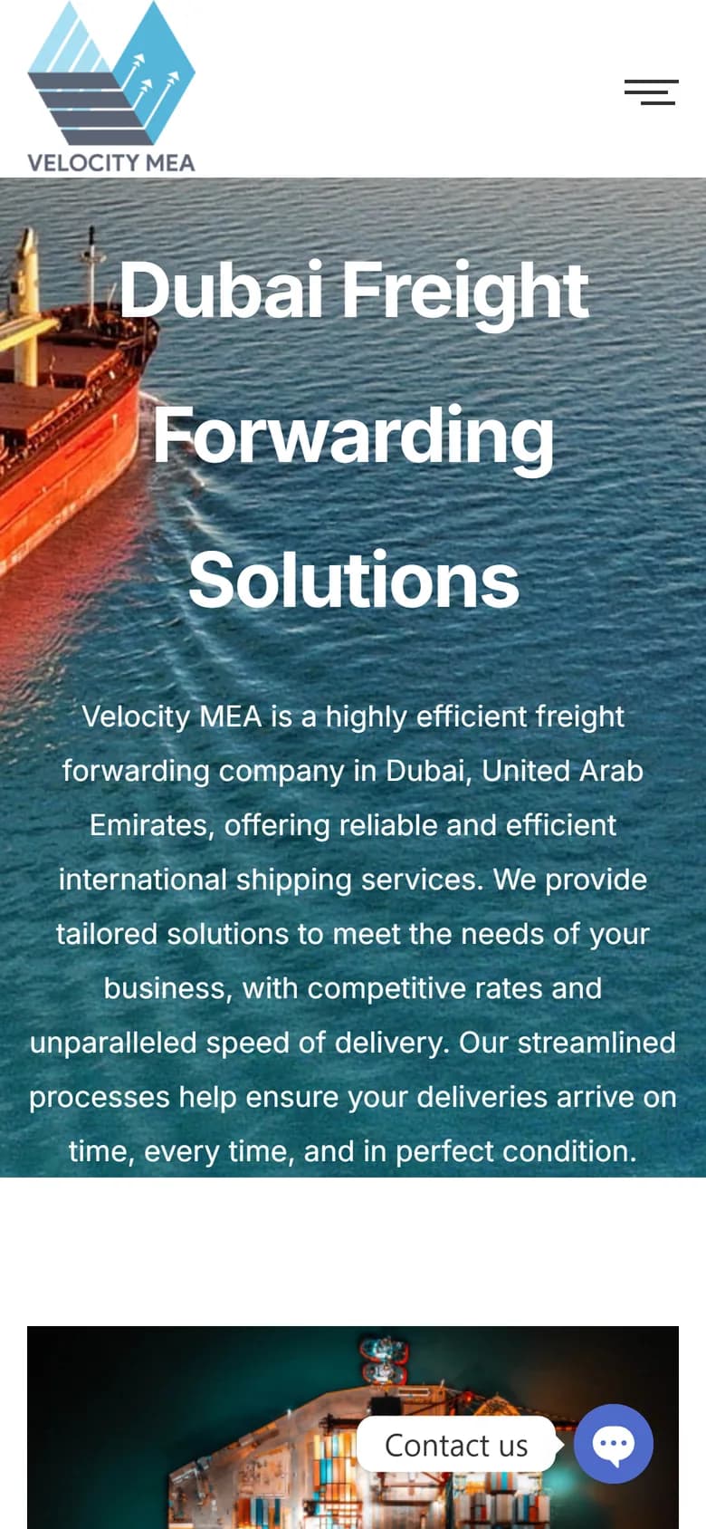 Velocity MEA home page on mobile