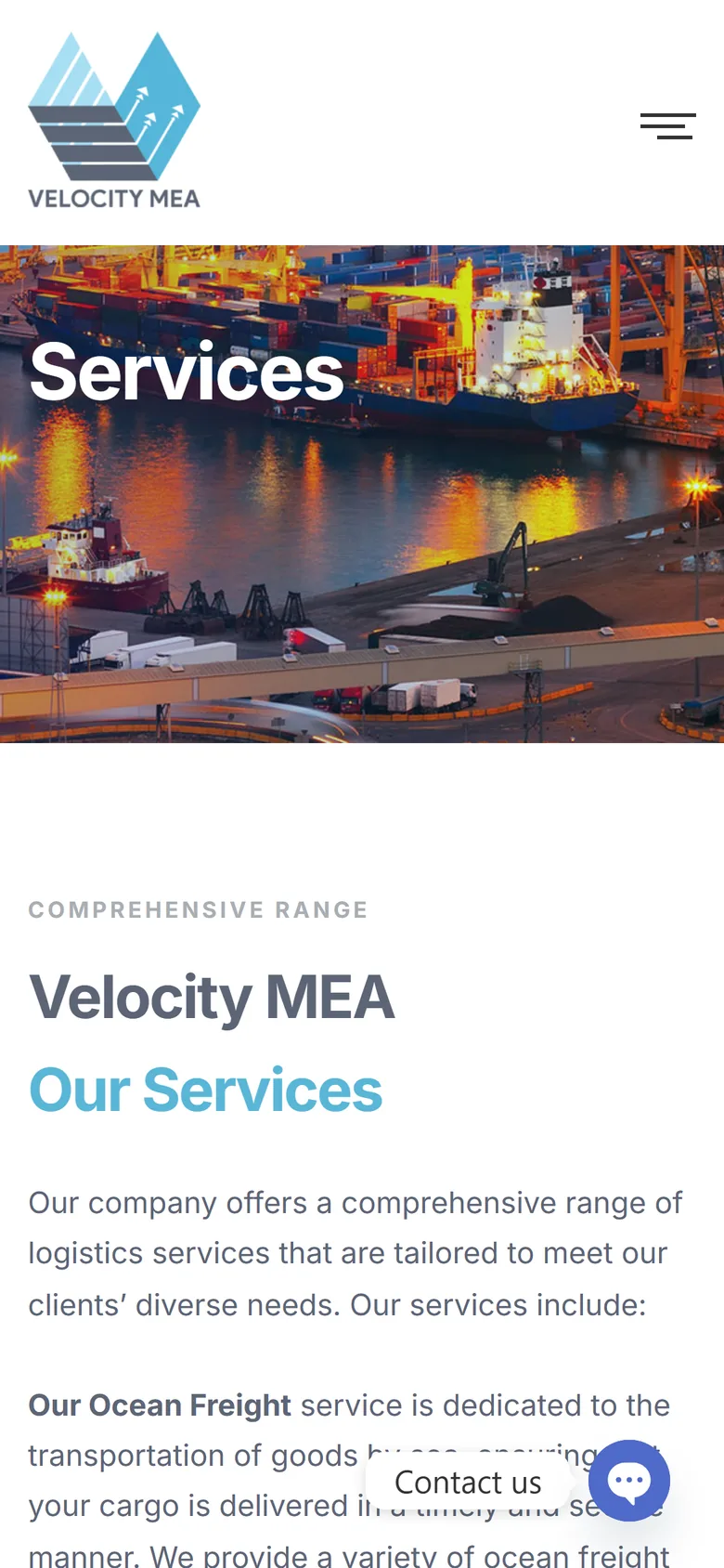 Velocity MEA services page on mobile