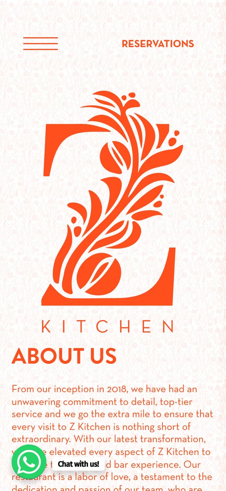 Z Kitchen home page on mobile