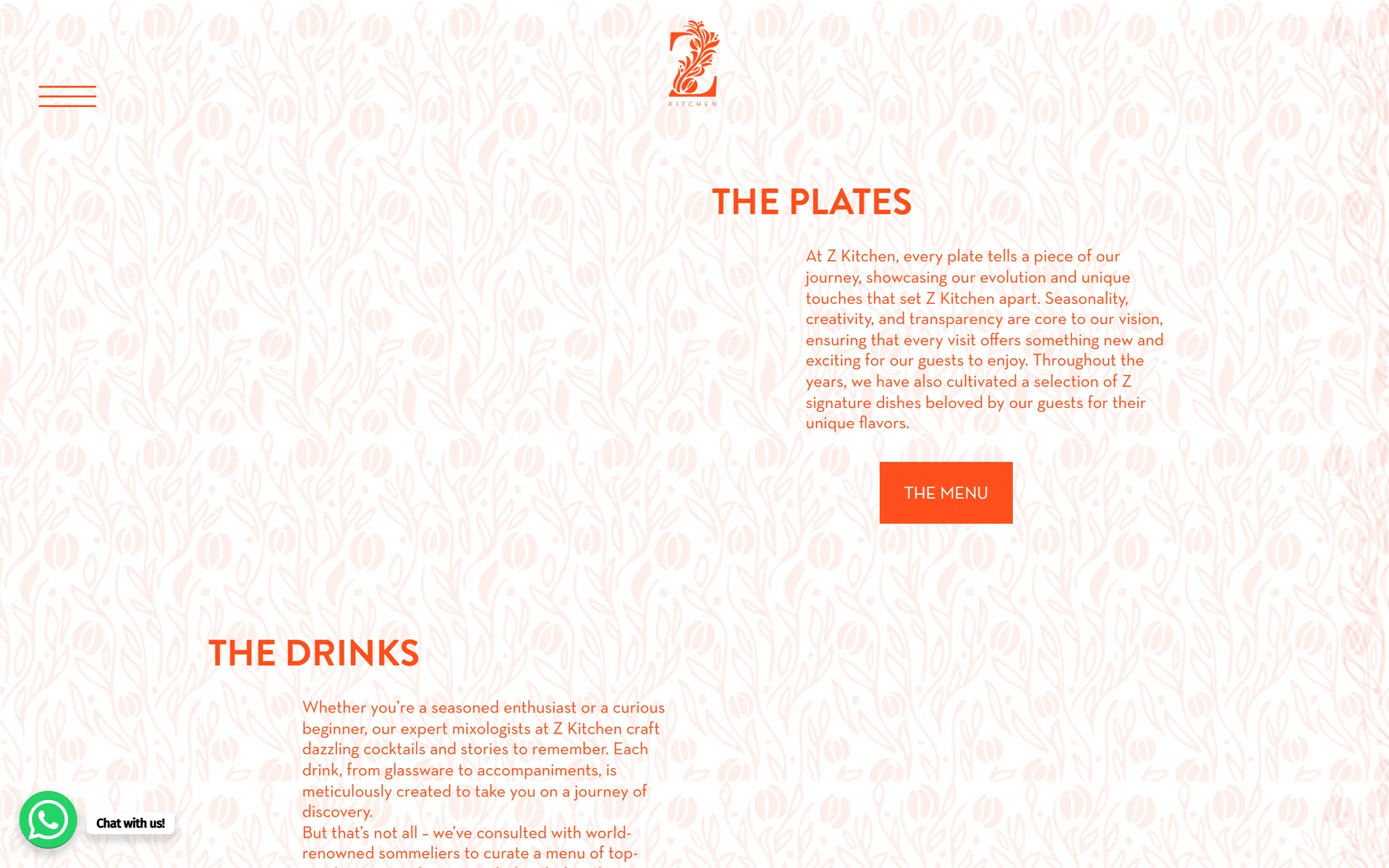 Z Kitchen menu page with plates and drinks