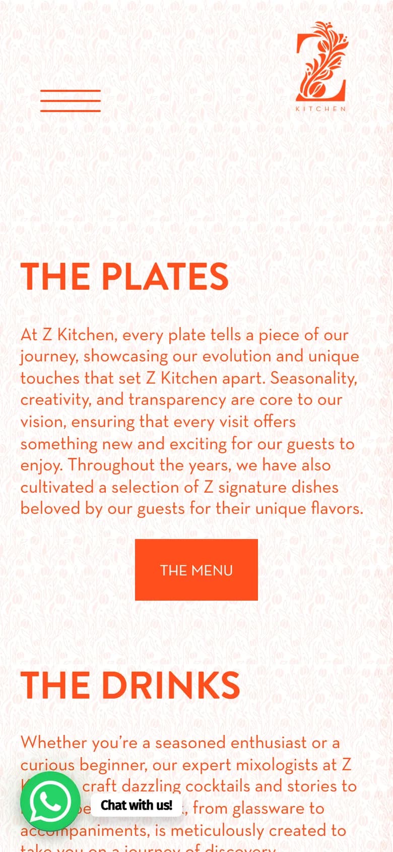 Z Kitchen menu page on mobile