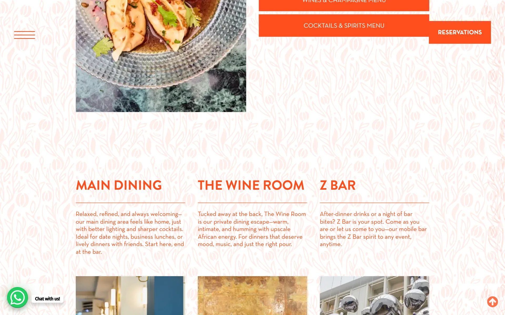 Z Kitchen dining spaces: main dining, The Wine Room and Z Bar