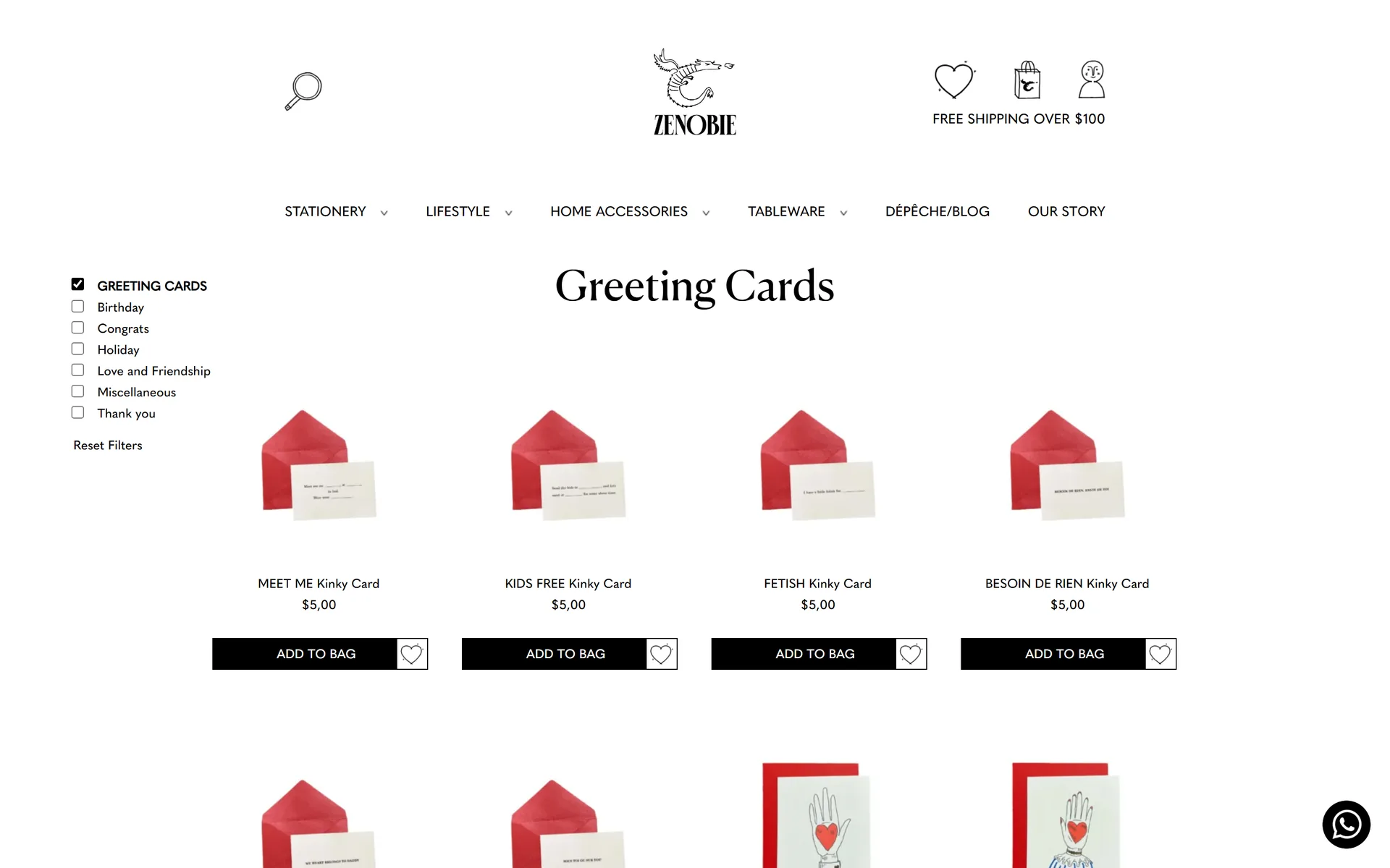Zenobie greeting cards category page with filters
