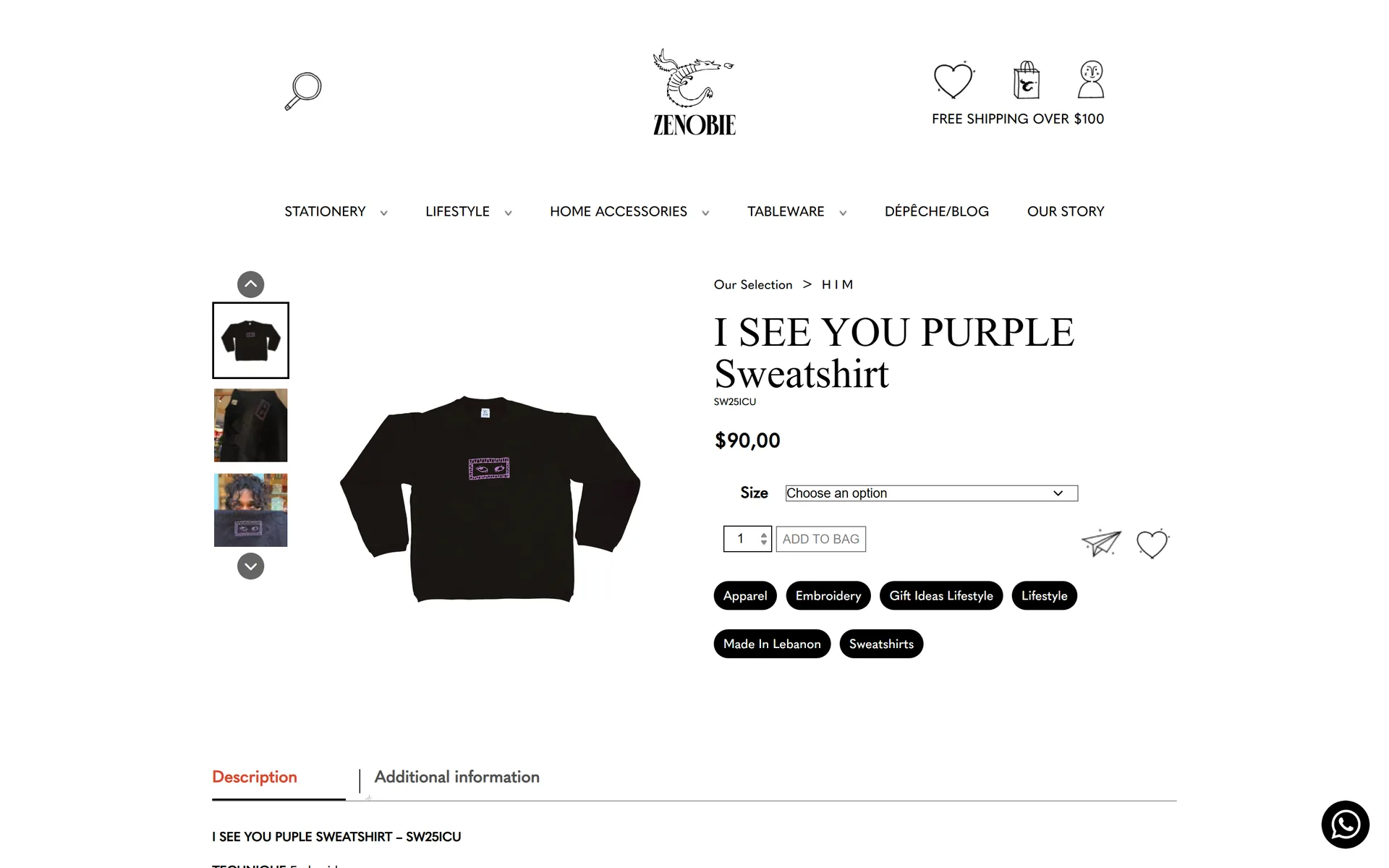 Zenobie product page for a sweatshirt with gallery and size options